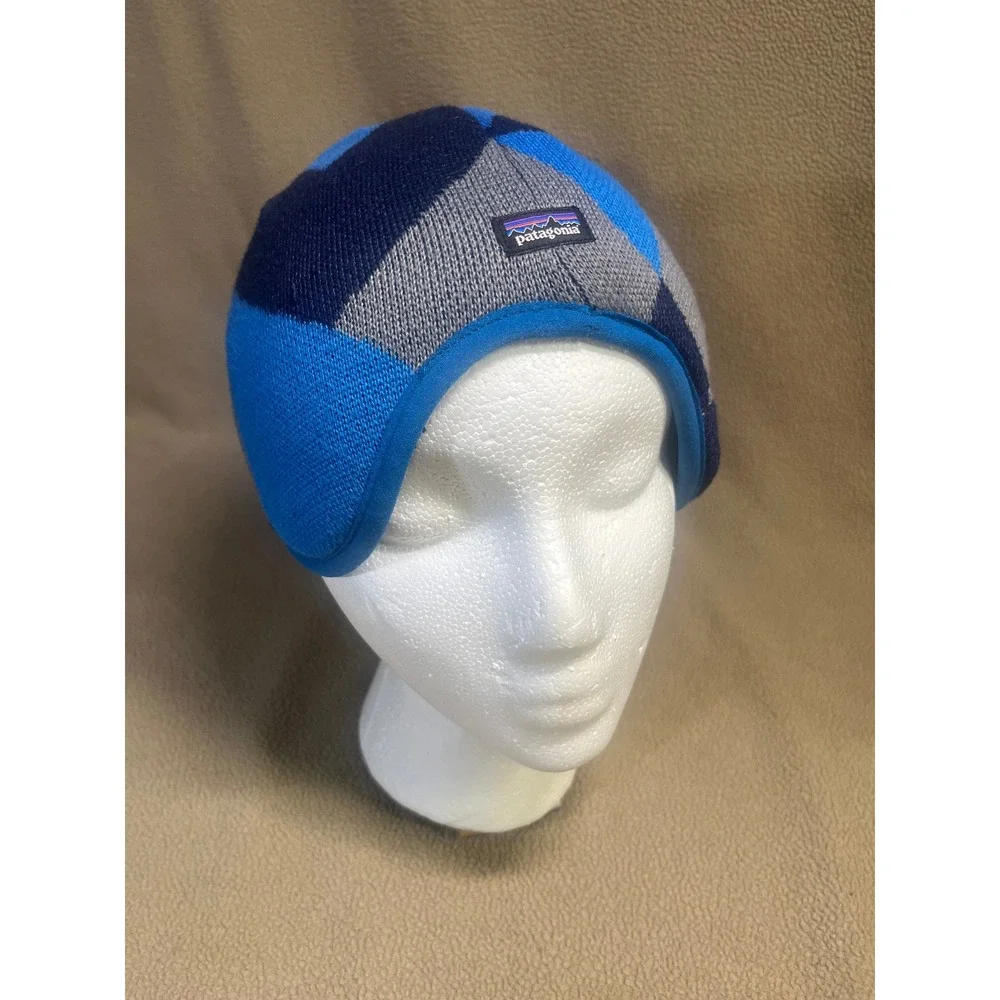 Patagonia Kids Blue Geometric Knit Fleece Lined Earflap Beanie Hat